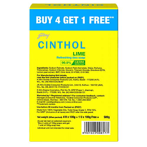 Cinthol Lime Refreshing Deo Soap, 100 g ( Buy 4 get 1 free )