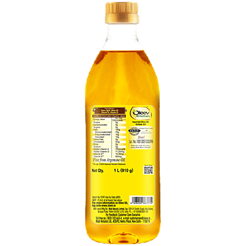 Oleev Kitchen Extra Light Olive Oil - Frying, Sauteing & Grilling, 1 L  Free from Argemone Oil