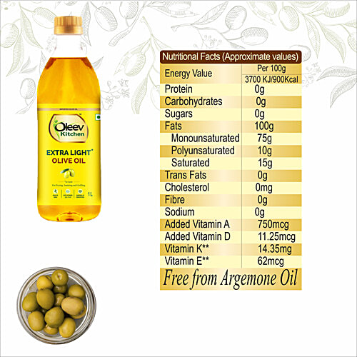 Oleev Kitchen Extra Light Olive Oil - Frying, Sauteing & Grilling, 1 L  Free from Argemone Oil