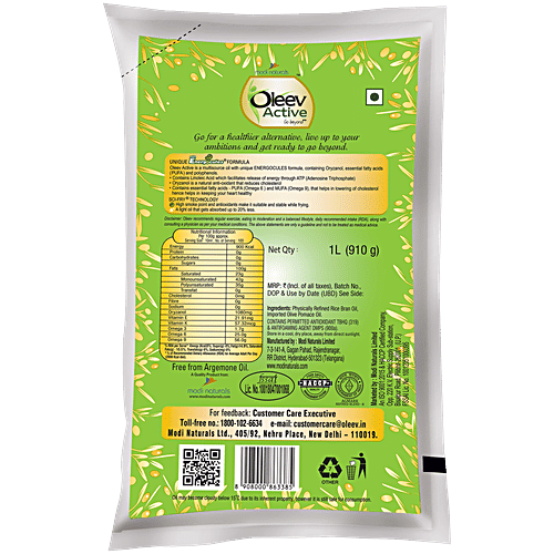 Oleev Active Edible Oil, 1 L Pouch Goodness Of Olive Oil, Zero Cholesterol