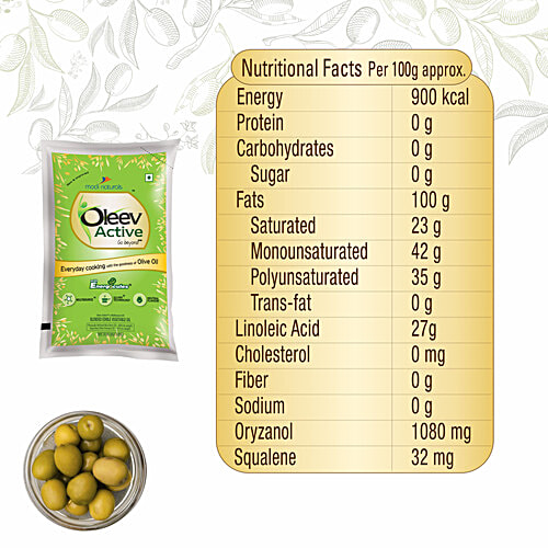 Oleev Active Edible Oil, 1 L Pouch Goodness Of Olive Oil, Zero Cholesterol