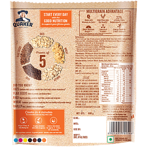 Quaker Oats Multigrain, 600 g Pouch Rolled Oats Wholegrain, High Protein & Fibre for Weight Loss, Dalia Porridge
