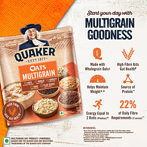 Quaker Oats Multigrain, 600 g Pouch Rolled Oats Wholegrain, High Protein & Fibre for Weight Loss, Dalia Porridge