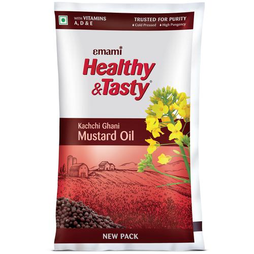 Emami Healthy & Tasty Kachchi Ghani Mustard Oil, 1 L Pouch With High Pungency, Strong Aroma & Flavour, No Cholesterol, High in Natural Omega 3