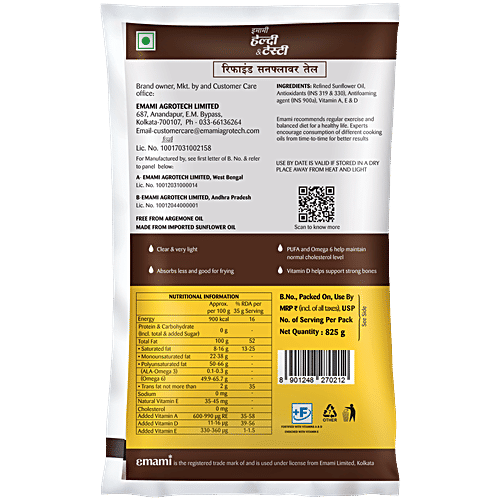 Emami Healthy & Tasty Refined Sunflower Oil, 825 g Pouch With Vitamins A/D & E, Less Sticky, Low Absorption