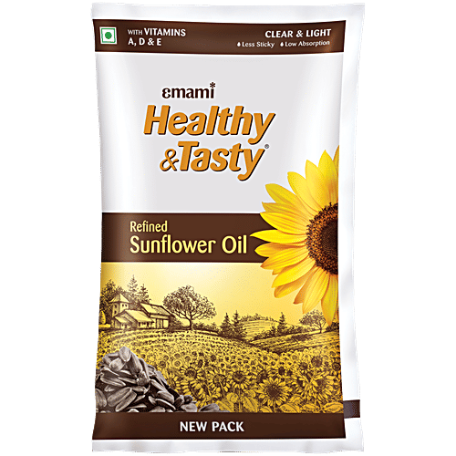 Emami Healthy & Tasty Refined Sunflower Oil, 825 g Pouch With Vitamins A/D & E, Less Sticky, Low Absorption