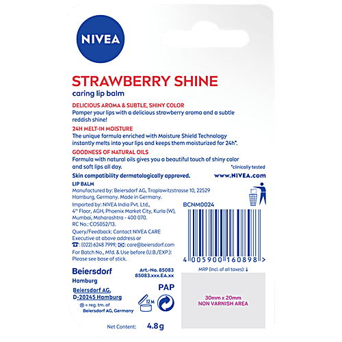 Nivea Strawberry Shine Caring Lip Balm - With Natural Oils, 4.8 g 24 Hours Of Melt-In Moisture