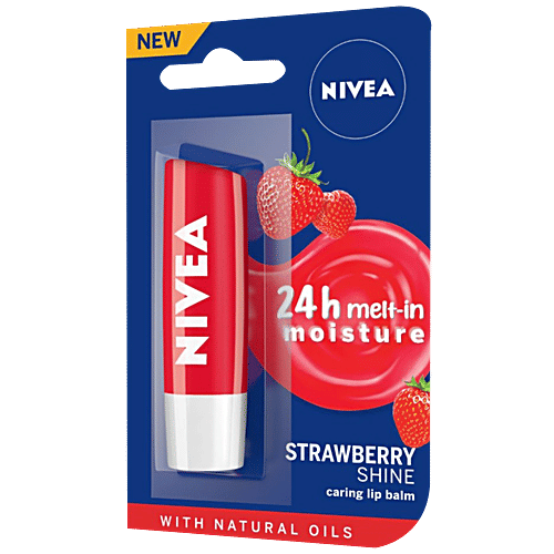 Nivea Strawberry Shine Caring Lip Balm - With Natural Oils, 4.8 g 24 Hours Of Melt-In Moisture