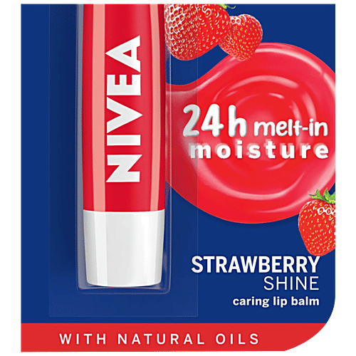 Nivea Strawberry Shine Caring Lip Balm - With Natural Oils, 4.8 g 24 Hours Of Melt-In Moisture