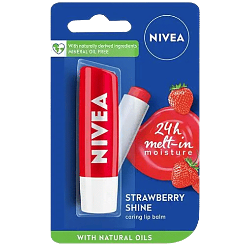 Nivea Strawberry Shine Caring Lip Balm - With Natural Oils, 4.8 g 24 Hours Of Melt-In Moisture
