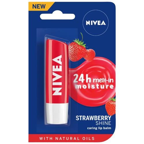 Nivea Strawberry Shine Caring Lip Balm - With Natural Oils, 24 Hours Of Melt-In Moisture, 4.8 g  