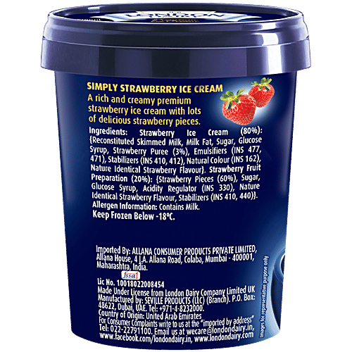 London Dairy Premium Ice Cream - Simply Strawberry, 500 ml Tub Delicious Strawberry Flavour
Creamy Texture