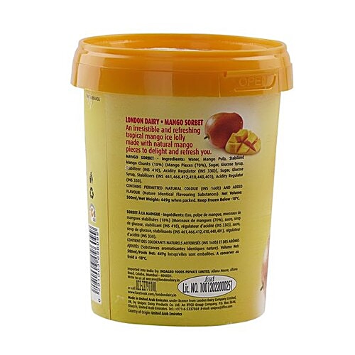 London Dairy Ice Cream - Mango Sorbet, 500 ml Tub 