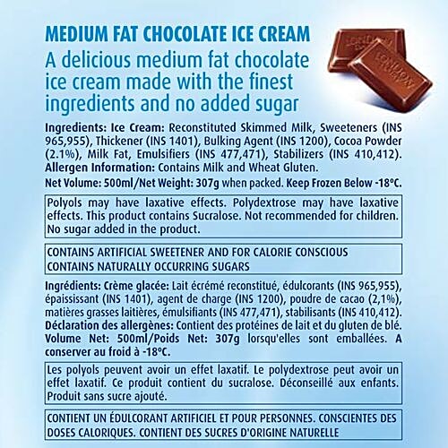 London Dairy Ice Cream - Chocolate Lite, Family Pack, 500 ml Tub 