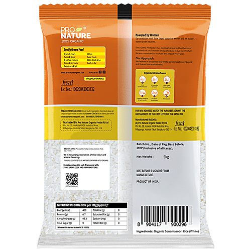 Pro Nature Organic - Sonamasoori Rice/Akki (White), 5 kg Pouch No GMO Used in Production