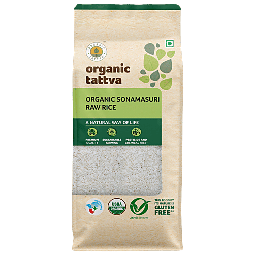 Organic Tattva Sonamasuri Rice/Biyyam - White Polished, 1 kg Pouch Farm Picked