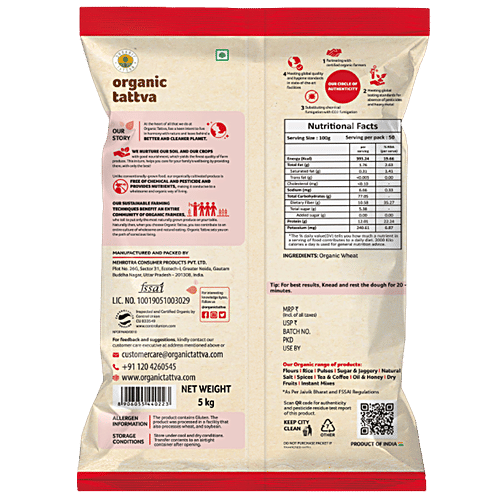 Organic Tattva Organic Wheat Flour/ Chakki Atta, 5 kg Pouch 
