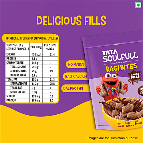 Tata Soulfull Ragi Bites Choco Fills, No Maida, Dal Protein, Kids Cereal, 250 g Carton No Preservatives, Protein from Dal