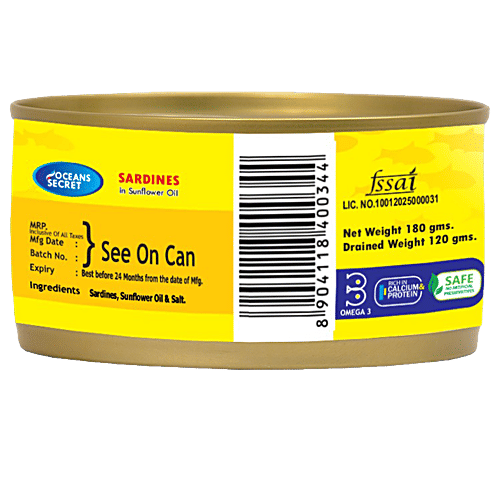 Ocean Secret Sardines in Sunflower Oil, 180 g Tin No Artificial Preservatives