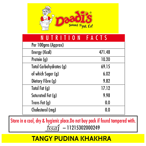 Daadi's Golden Wheat Crisps - Tangy Pudina Khakhra, 180 g Pouch Zero Cholesterol