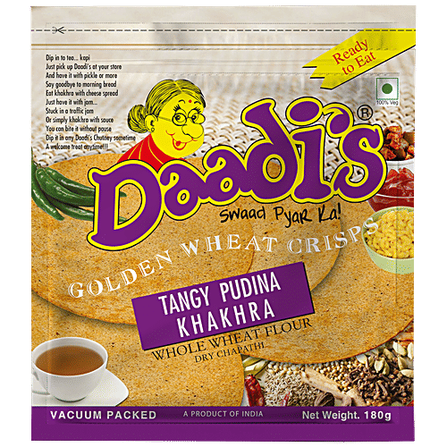 Daadi's Golden Wheat Crisps - Tangy Pudina Khakhra, 180 g Pouch Zero Cholesterol