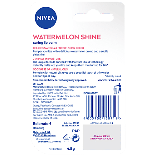 Nivea Caring Lip Balm, 4.8 g Watermelon Shine