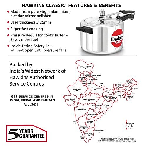 Hawkins Classic Aluminium Inner Lid Pressure Cooker - Bakelite Handle, Silver, CL50, 5 L  Saves More Fuel