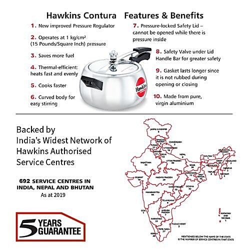 Hawkins Contura Aluminium Inner Lid Pressure Cooker - Bakelite Handle, Silver, HC50, 5 L  Saves More Fuel