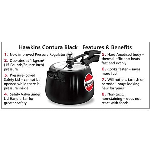 Hawkins Contura Hard Anodised Black Inner Lid Pressure Cooker - With Handle, CB40, 4 L  Non Toxic, Non Staining
