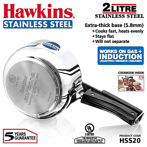 Hawkins Stainless Steel Inner Lid Pressure Cooker - Induction Base, With Handle, Silver, HSS20, 2 L  Food Grade, Saves More Fuel