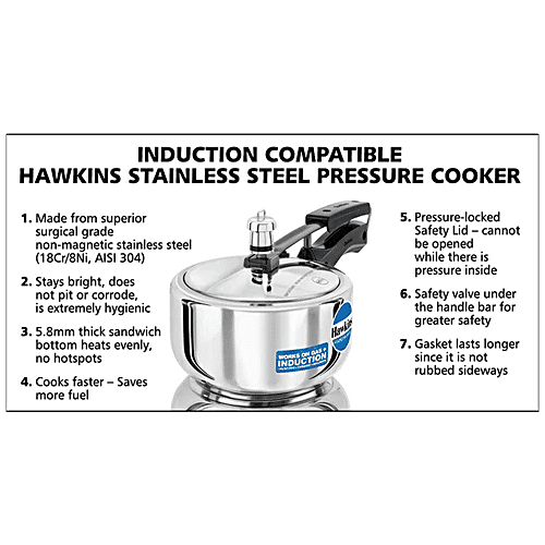 Hawkins Stainless Steel Inner Lid Pressure Cooker - Induction Base, With Handle, Silver, HSS20, 2 L  Food Grade, Saves More Fuel
