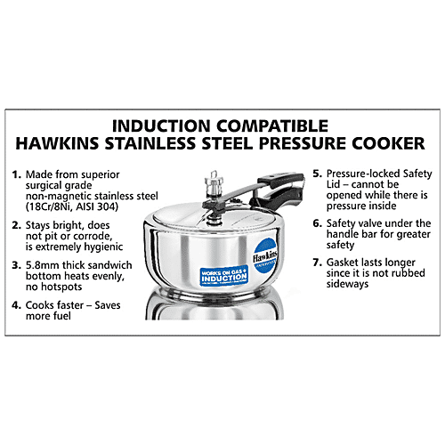 Hawkins Stainless Steel Inner Lid Pressure Cooker - Induction Base, With Handle, Silver, HSS3W, 3 L  Food Grade, Saves More Fuel