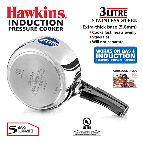 Hawkins Stainless Steel Inner Lid Pressure Cooker - Induction Base, With Handle, Silver, HSS3W, 3 L  Food Grade, Saves More Fuel
