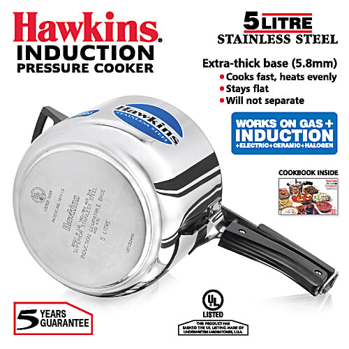 Hawkins Stainless Steel Inner Lid Pressure Cooker - Induction Base, With Handle, Silver, HSS50, 5 L Food Grade, Saves More Fuel