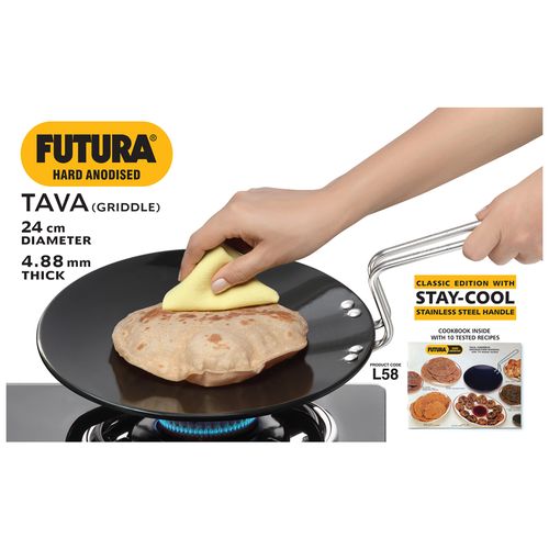 Hawkins Futura Hard Anodised Aluminium Roti Tawa/Griddle - 24 cm, 4.88 mm, Stainless Steel Handle, AT24, 1 pc  Non Toxic, Non-Staining