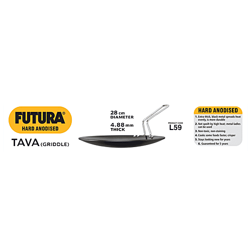 Hawkins Futura Hard Anodised Aluminium Roti Tawa/Griddle - 28 cm, 4.88 mm, Stainless Steel Handle, AT28, 1 pc  Non Toxic, Non-Staining