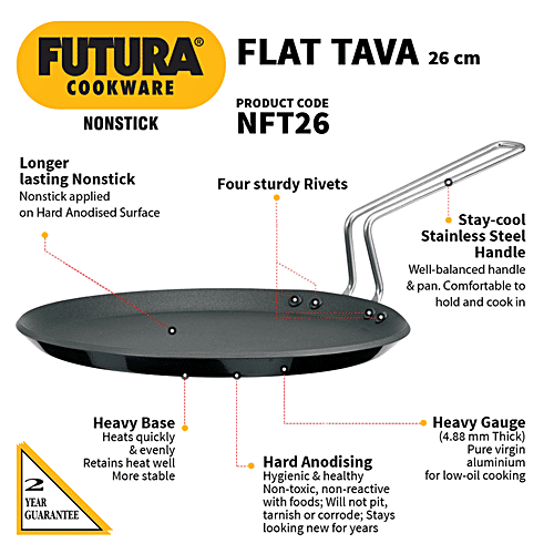 Hawkins Futura Hard Anodised Non-Stick Roti Tawa - 26 cm, 4.06 mm, Stainless Steel Handle, NT26, 1 pc Durable