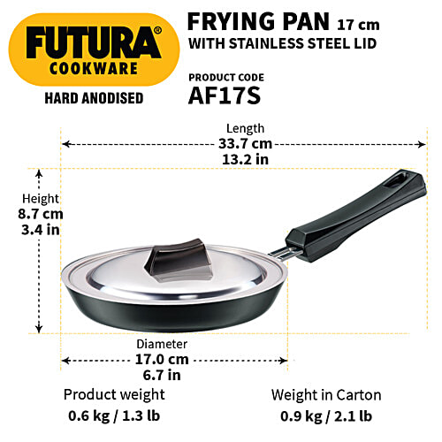 Hawkins Futura Hard Anodised Frying Pan With Steel Lid - Diameter 17 cm, Thickness 4.06 mm, Black, AF17S, 600 ml