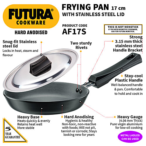 Hawkins Futura Hard Anodised Frying Pan With Steel Lid - Diameter 17 cm, Thickness 4.06 mm, Black, AF17S, 600 ml