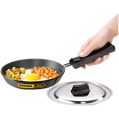 Hawkins Futura Hard Anodised Frying Pan With Steel Lid - Diameter 17 cm, Thickness 4.06 mm, Black, AF17S, 600 ml