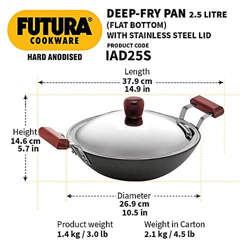 Hawkins Futura Hard Anodised Aluminium Deep Fry Pan/Kadhai - Flat Bottom Induction Base, 26 cm, 4.06 mm, Steel Lid, IAD25S, 2.5 l
