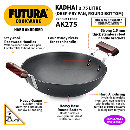 Hawkins Futura Hard Anodised Aluminium Deep Fry Pan/Kadhai - 26 cm, 4.06 mm, With Steel Lid, AK275S, 2.75 l  