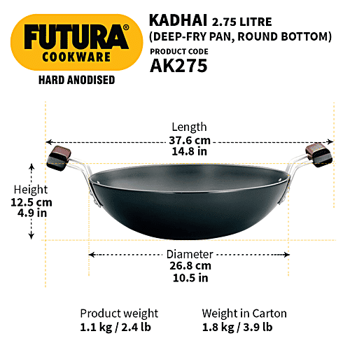 Hawkins Futura Hard Anodised Aluminium Deep Fry Pan/Kadhai - 26 cm, 4.06 mm, With Steel Lid, AK275S, 2.75 l  