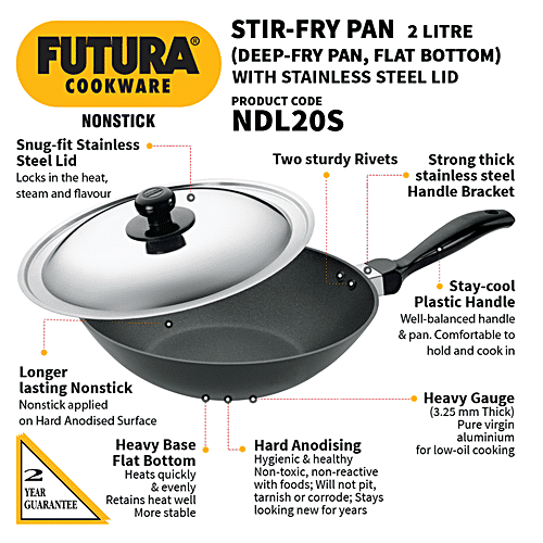 Hawkins Futura Hard Anodised Non-Stick Stir Deep Fry Pan - 26 cm, 3.25 mm,Steel Lid, NDL20S, 2 l  