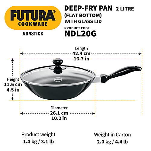 Hawkins Futura Hard Anodised Non-Stick Stir Deep Fry Pan - 26 cm, 3.25 mm, Glass Lid, NDL20G, 2 l  
