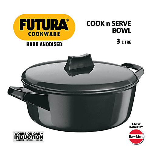 Hawkins Futura Hard Anodised Induction Base Cook N Serve Bowl/Handi - 24 cm,4.06 mm, With Lid, IACB30, 3 L  