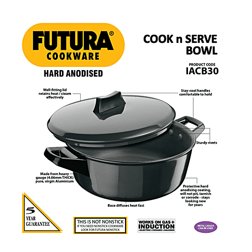 Hawkins Futura Hard Anodised Induction Base Cook N Serve Bowl/Handi - 24 cm,4.06 mm, With Lid, IACB30, 3 L  