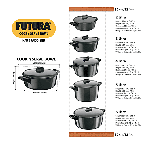 Hawkins Futura Hard Anodised Induction Base Cook N Serve Bowl/Handi - 24 cm,4.06 mm, With Lid, IACB30, 3 L  