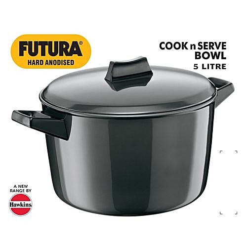 Hawkins Futura Hard Anodised Cook-N-Serve Bowl/Kadhai - 23 cm, 4.06 mm, Glass Lid, ACB50, 5 L  Non-Toxic, Non-Staining