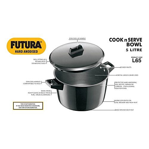 Hawkins Futura Hard Anodised Cook-N-Serve Bowl/Kadhai - 23 cm, 4.06 mm, Glass Lid, ACB50, 5 L  Non-Toxic, Non-Staining